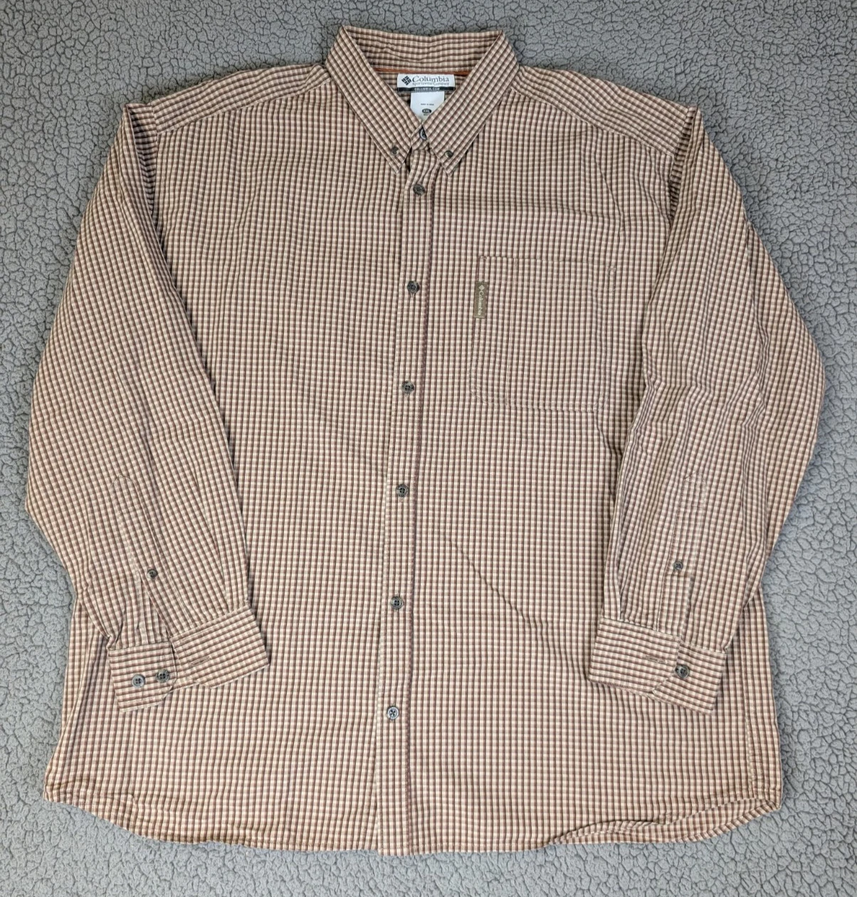 Columbia Button-Up Shirt Mens XXL Brown Plaid Long Sleeve Outdoor Cotton Stretch