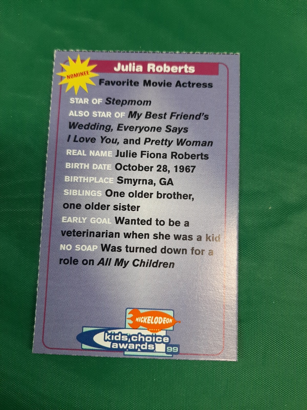 Julia Roberts 1999 NICKELODEON Magazine Kids Choice Awards card - Picture 2 of 2