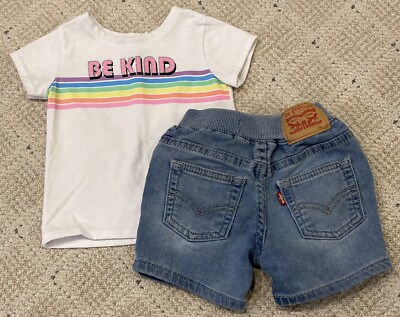 Levi’s Knit Blue Jean Shorts BE KIND T-shirt 12 Month Baby Summer Outfit  EUC