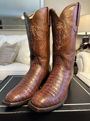 Lucchese Classics Mens Handmade Mocha Ultra Belly Caiman Inlay Shafts Boots 8 D!