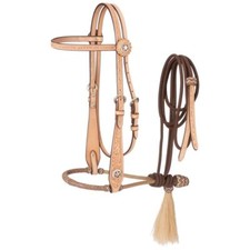 Western Natural Leather Hand Tooled Headstall with Bosal and Nylon Reins