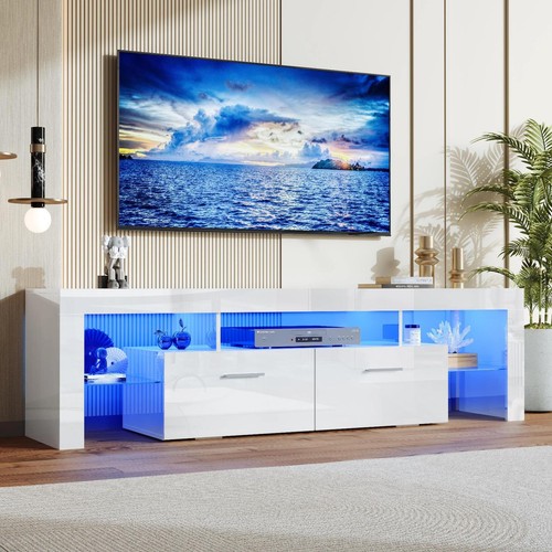 Sleek LED White Console Table Stand For TVs Up To 70" Entertainment Unit Drawers - Picture 10 of 24