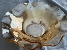 Vintage Jeanette Iris and  Herringbone Marigold Carnival Glass Ruffled Bowl