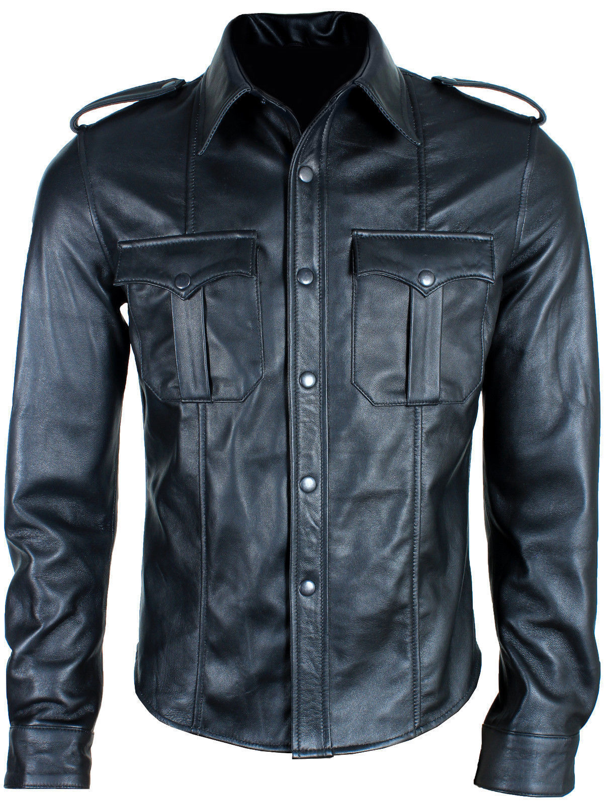 Camisa para hombre de cuero negro real estilo militar policía estilo club manga completa