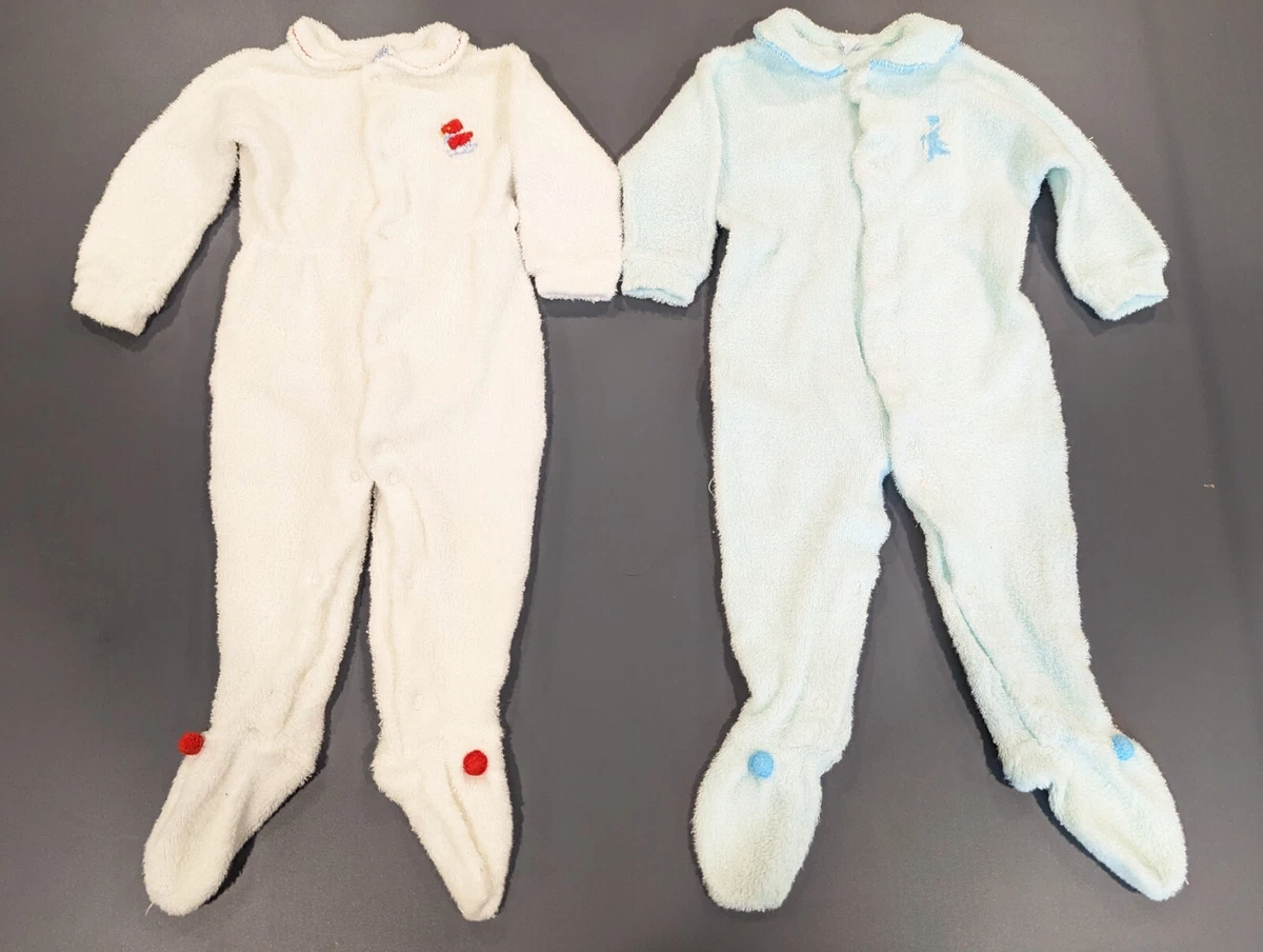 2 Carter's VTG 70's Terry Cloth Baby Sleeper Pom Toe Foot Pajamas