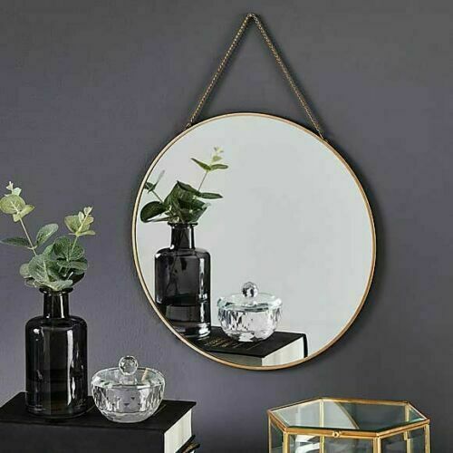 Vintage Round Chain Hanging Gold Frame Bathroom Glass Wall Decor Mirror 25cm For Vintage Round Chain Hanging Gold Frame, How To Hang Vintage Mirror On Chain