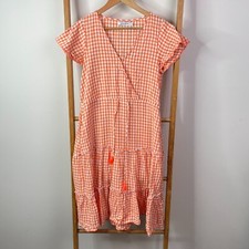 Haven Faux Wrap Dress Womens Extra Small/Small Orange Checkered Midi Tiered