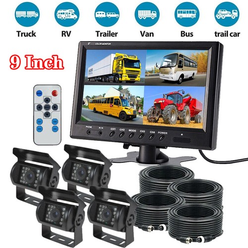 3 X 9" Quad Split Monitor Screen Rear View Backup Camera System For Bus Truck RV - Picture 2 of 18