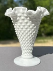 Vintage Fenton White Milk Glass Hobnail 7.5”  Trumpet Pedestal Vase Ruffled Edge