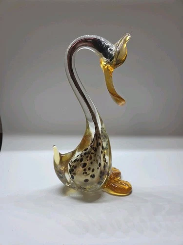 Glass Duck Hand Blown Art Amber Gold 12" MCM Loon Goose Bird Footed Murano