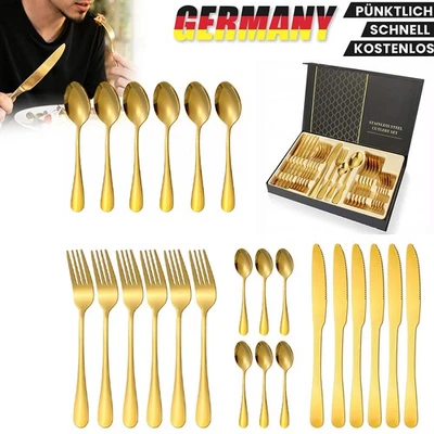 Edelstahl Besteckset Gold 24 Teile Tafelbesteck mit 6 Messern für 6 Personen - Bild 1 von 4