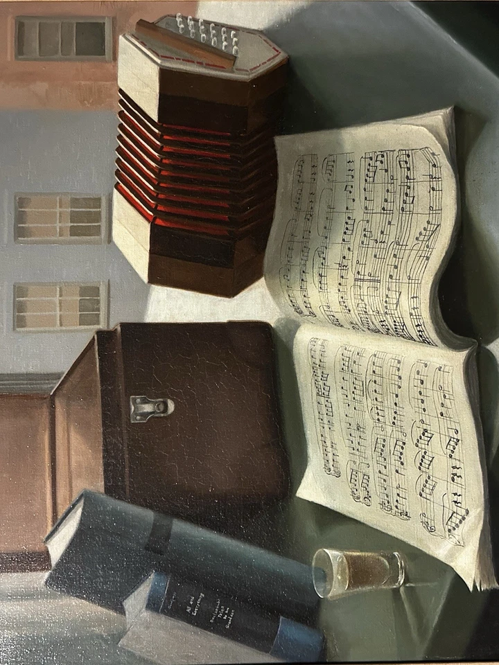 Acordeón musical pintura al óleo bodegón bellas artes de mediados de siglo FIRMADO ABDO. Foto 4 de 4