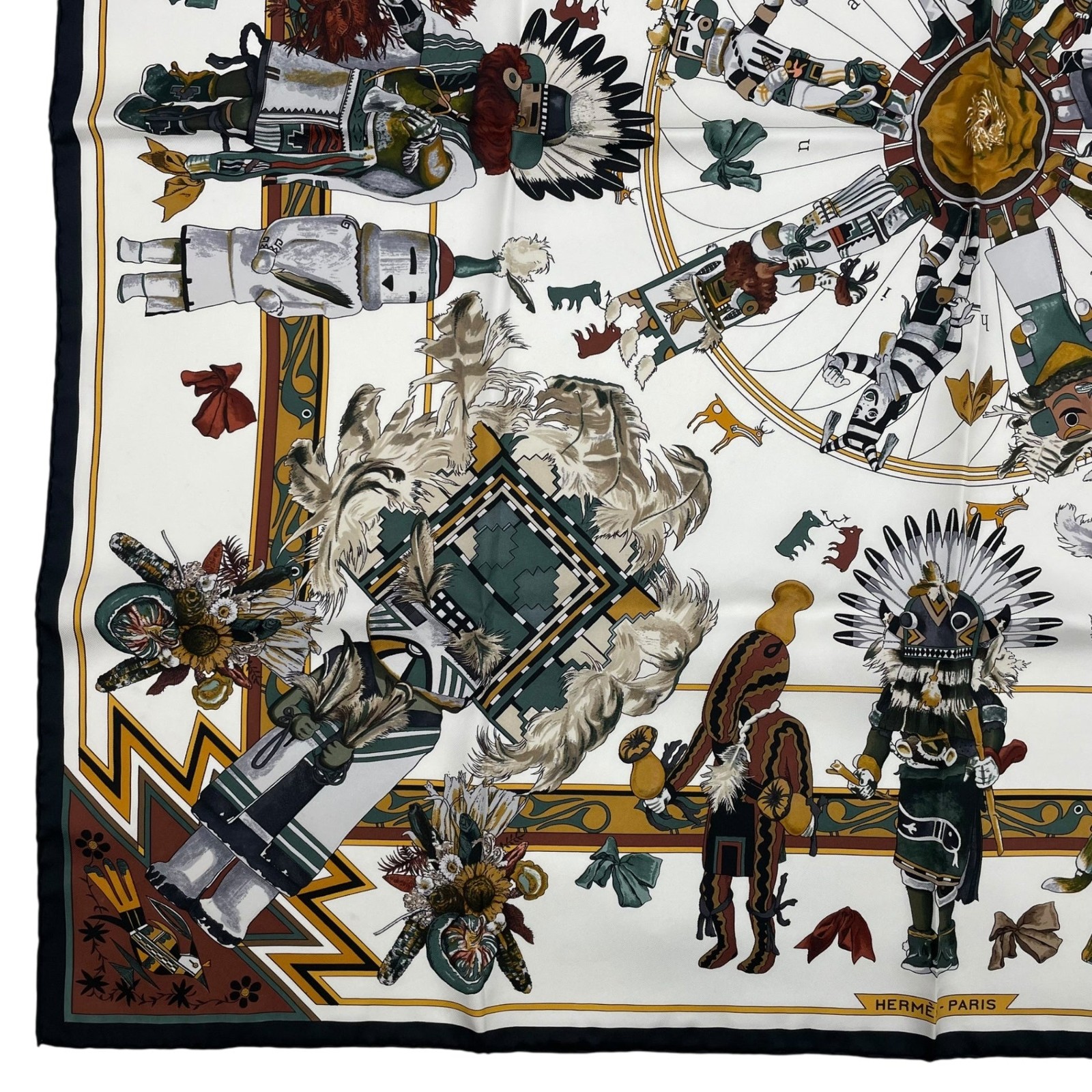 Excellent HERMES Carré 90 Silk Scarf “Kachinas”White – With Box image 5