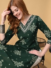 Indian Women Green Embroidered Cotton Floral Printed Kurta Kurti Top Tunic Dress