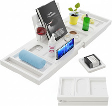 Bamboo Bathtub Caddy Tray Expandable & Foldable Bath Shelf with Book, Tablet & W