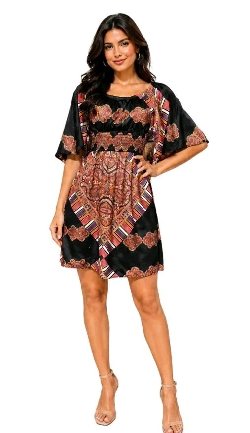 voom by joy han silk dress Voom by Joy Han Sleeveless Ruffle Empire Waist Woman Graphic Silk Dress XS