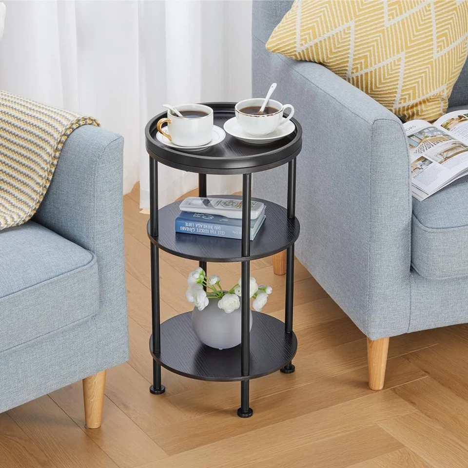 Mesa auxiliar redonda negra de 3 niveles para espacios pequeños sofá moderno mesa auxiliar esquinera Foto 4 de 4