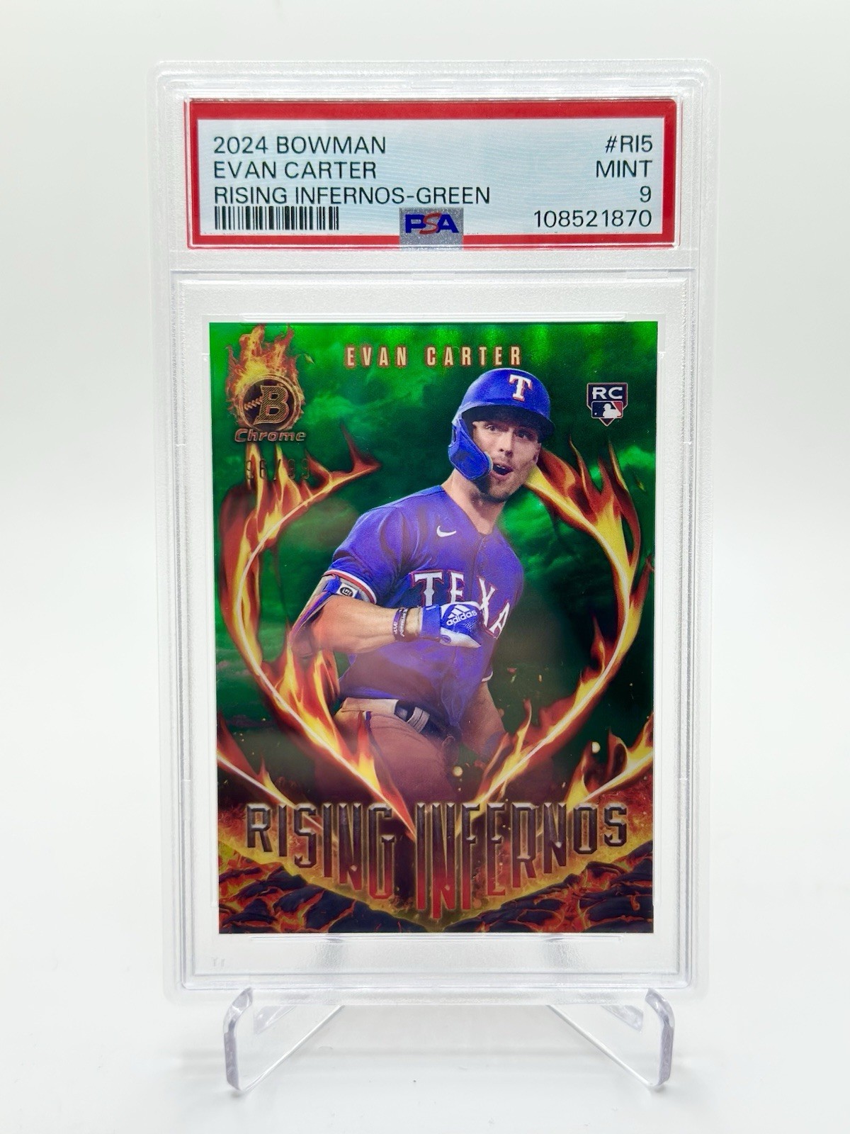 2024 BOWMAN RISING INFERNOS GREEN #RI5 EVAN CARTER /99 - PSA 9 Rangers