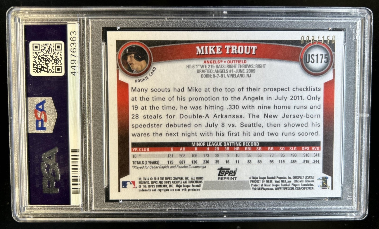 2018 Topps Archives Mike Trout Rookie History RC Purple #/150 Angels PSA 10 view 2