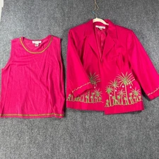 Kemp & Company Pink Tropical Palm Tree Silk Blazer Tank Top Set Women's