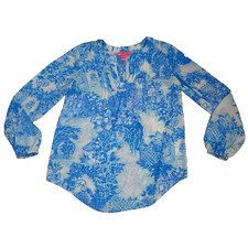 LILLY PULITZER COLBY TOP tunic blouse Blue white Pleated long sleeve floral XXS