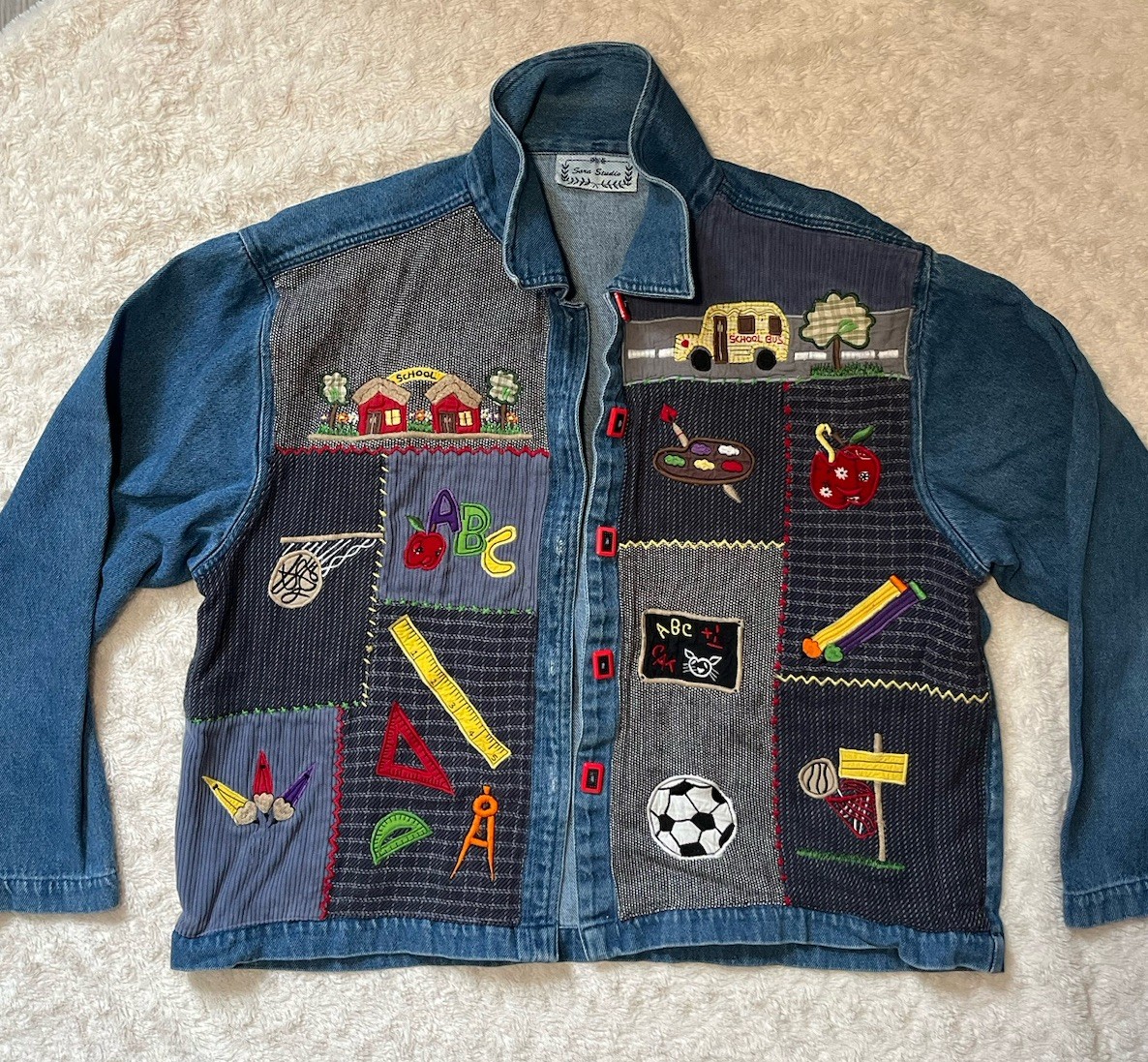 Vintage Embroidered Patchwork Teacher Themed Deni… - image 1