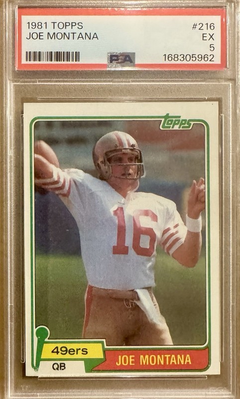 JOE MONTANA 1981 TOPPS ROOKIE CARD # 216, A REALLY NICE PSA 5