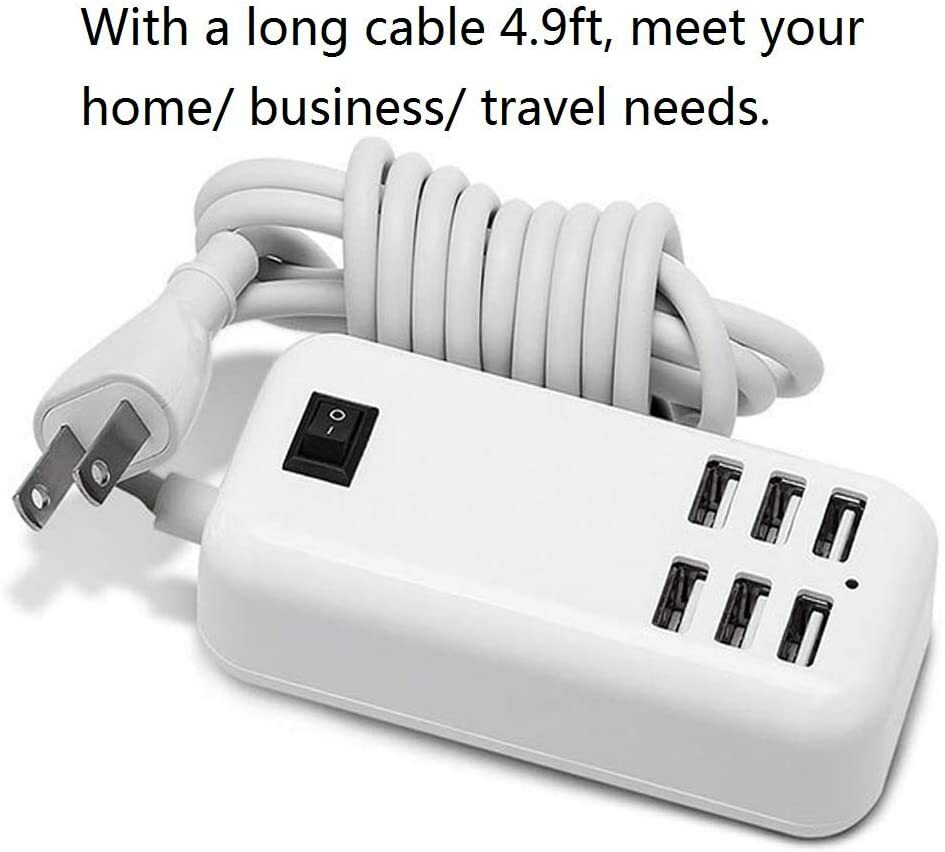 6-Port USB Wall Charger with 6A Fast Charging for Travel and Desktops