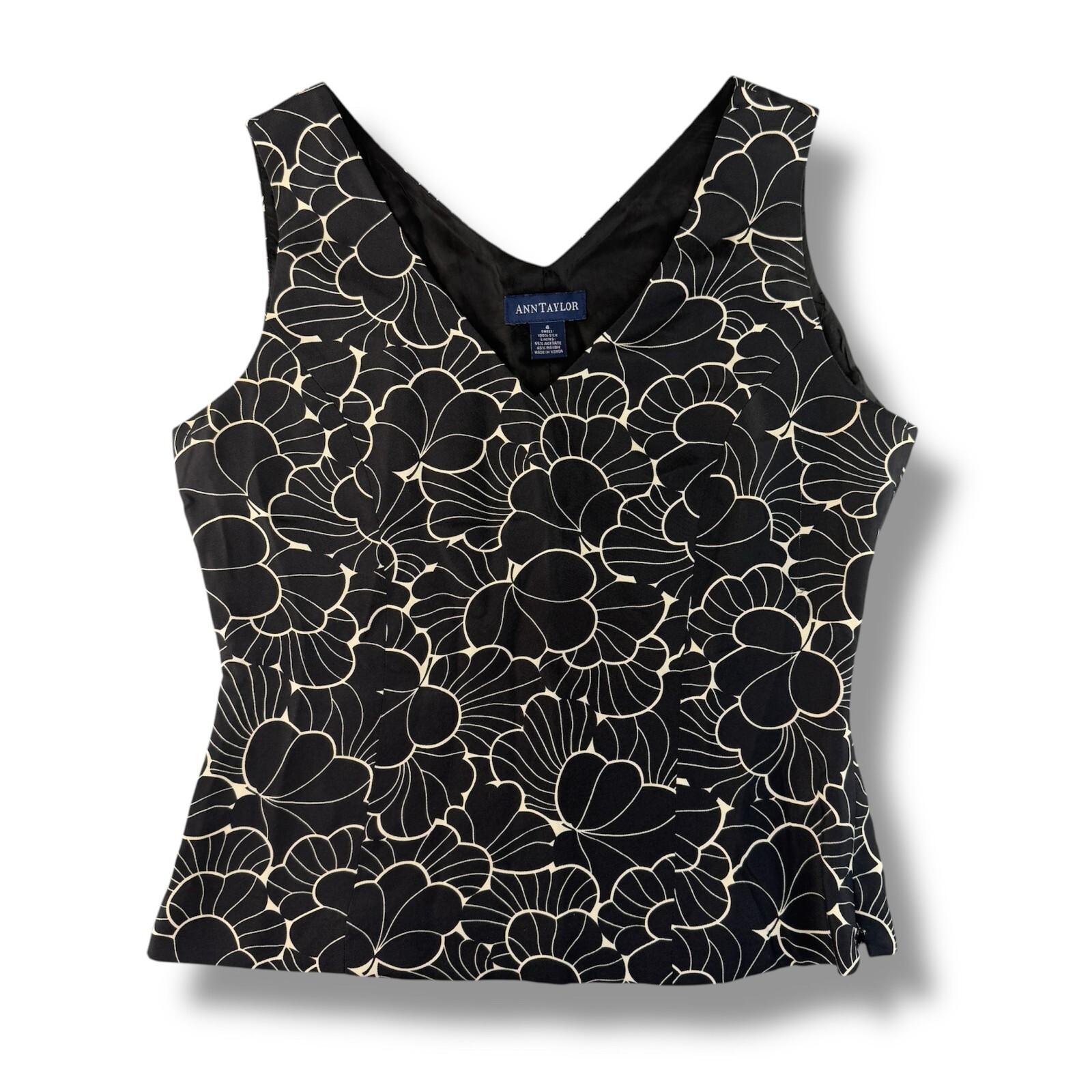 Vintage Ann Taylor 100% Silk Tank Top Camisole Size 4 V-Neck Black Floral