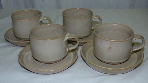 Set of 4 Signed Studio Pottery Cups & Saucers Beige Hand Made Vtg Unknown Maker
