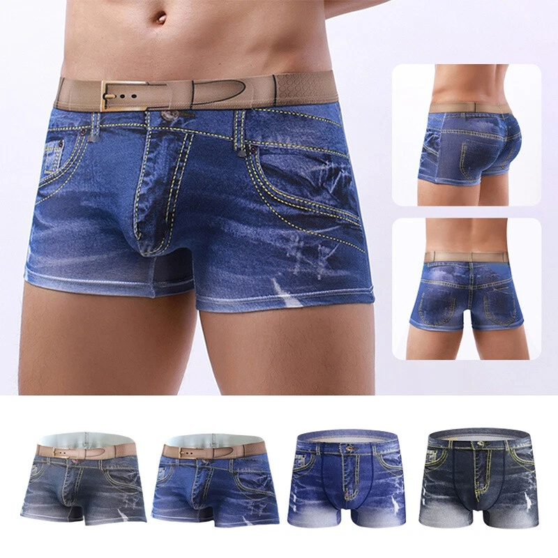 Men's Smooth Shorts Fake Denim Jeans Printed Boxer Briefs Pouch Underwear  Male