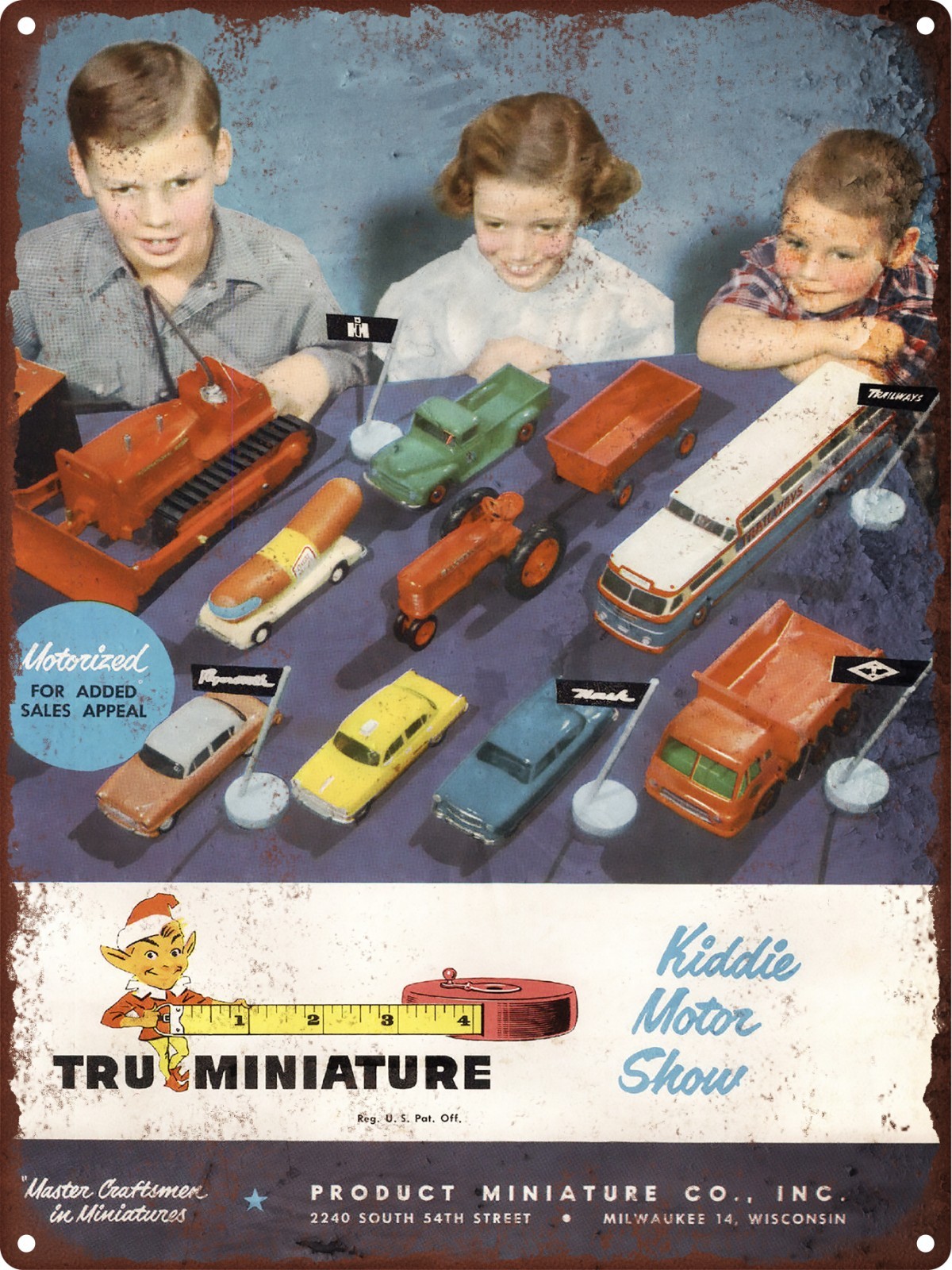1954 Tru Miniature Toy Trucks Oscar Mayer Weinermobile 9x12 Metal Sign 60611