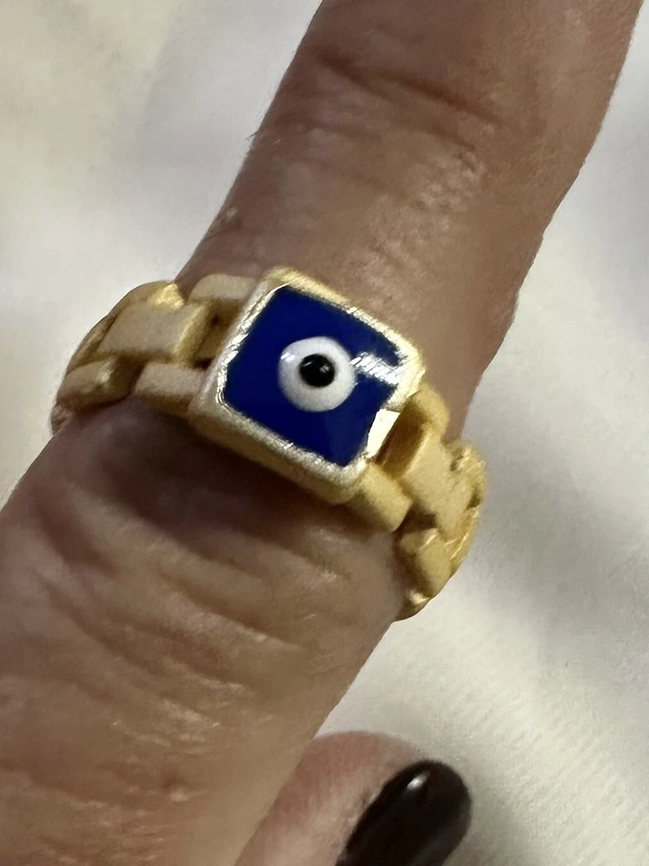 Anillo ajustable Evil Eye enchapado en oro mate esmalte azul Foto 3 de 3