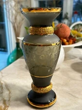 Bohemia Crystalex Gray Vase Etched Gilded Czech Rep: LOVELY!