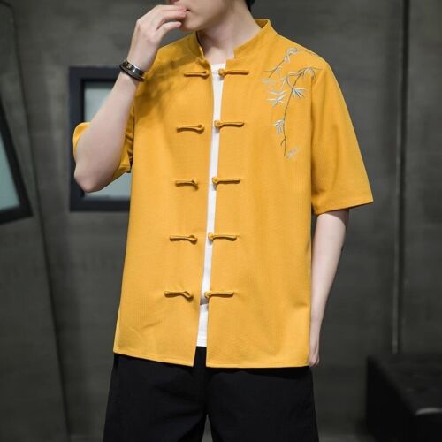 Camicia uomo bambù ricamata Hanfu manica corta top stile cinese vintage sciolta - Foto 4 di 15