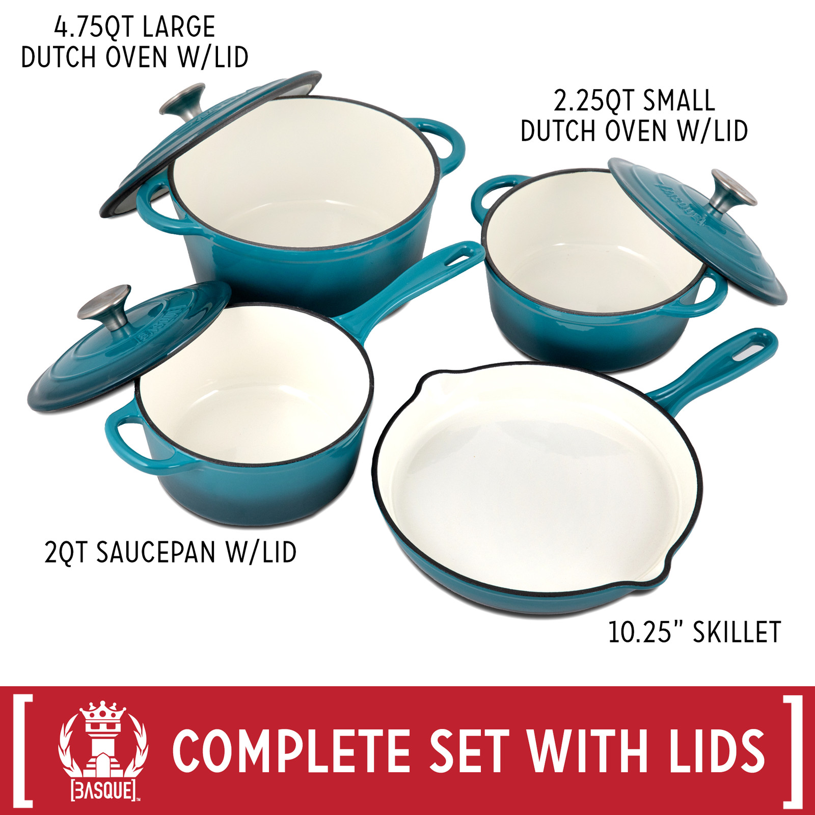 Basque Enameled Cast Iron Cookware Set, 7-Piece Set (Biscay Blue) Nonstick