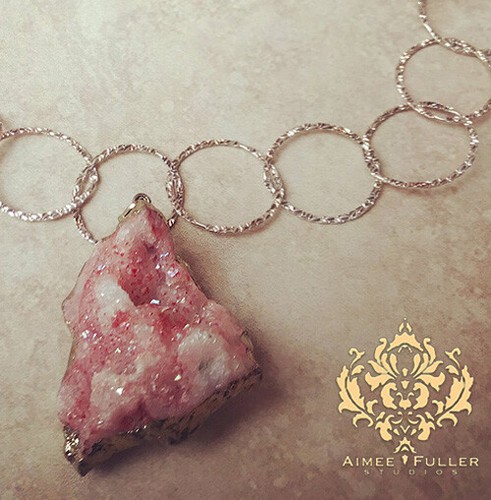 Pink Druzy Agate Pendant Snow Crystal 