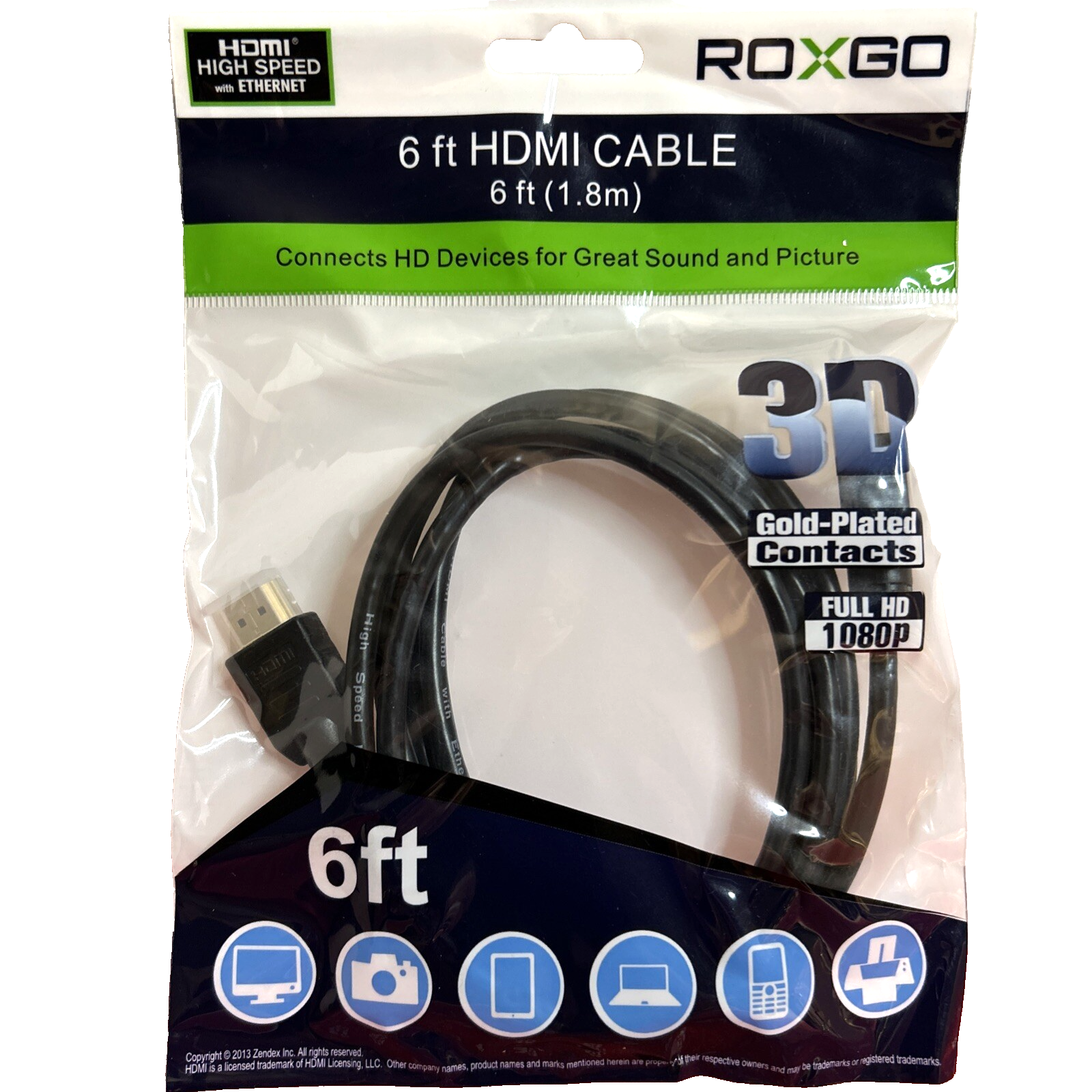 6ft ROXGO High-Speed HDMI Cable with Gold Plated Connectors for Full HD 1080P-image