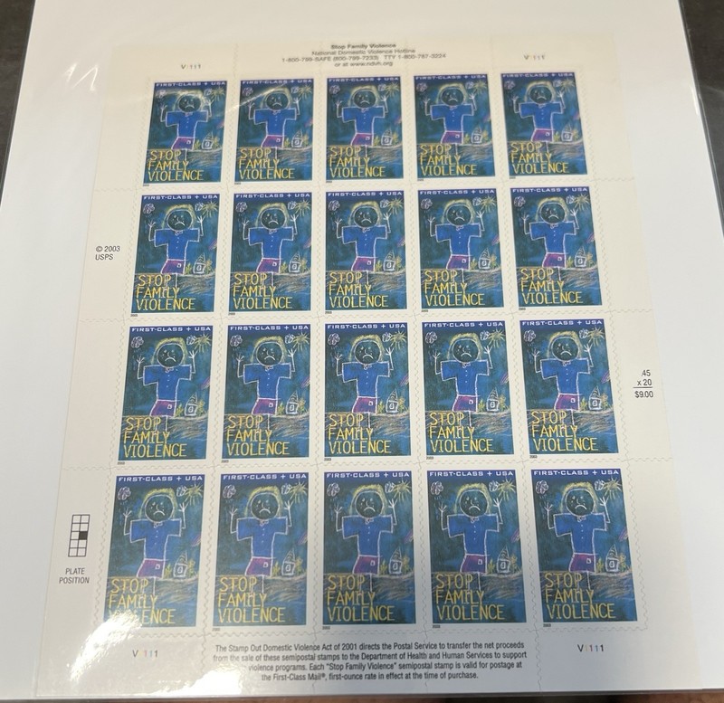 US Scott #B3 2003  Stop Family Violence Semi Postal Sheet of 20 Stamps at Face!!