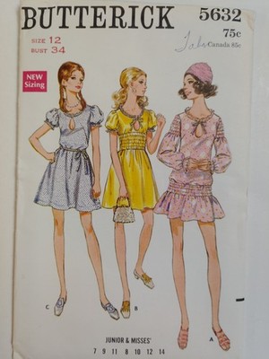 Butterick 5632 Dress Drop High Waist Sewing Pattern Ladies 12 UC VTG 70s Keyhole