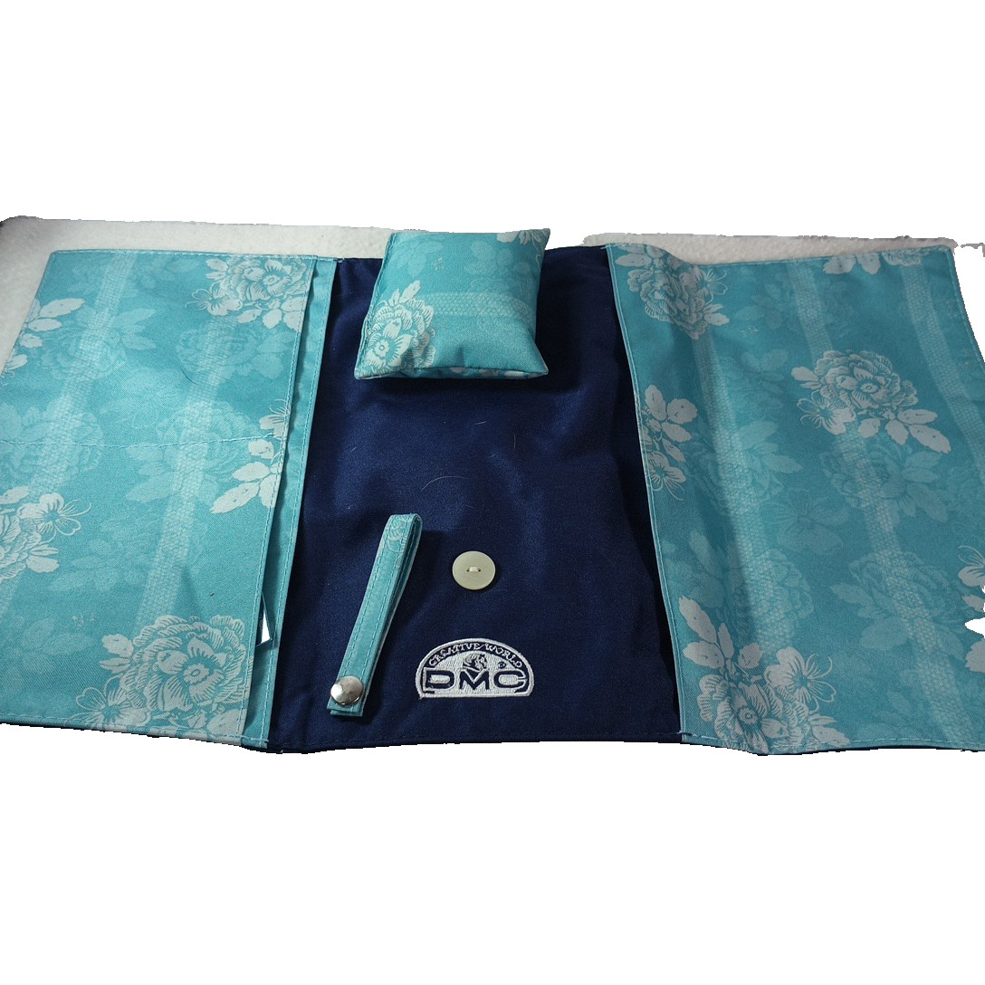 DMC Sewing Roll Organizer Blue Floral Needle Case Kit Travel