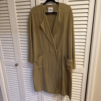 NWOT ZARA Khaki Fluid Linen Blend Longline Duster Jacket Top coat Oversized M