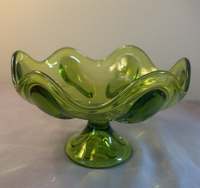 Vintage Viking Swung Glass 6 Petal Footed Pedestal Compote GreenCandy Dish 7  W
