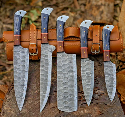 CUSTOM HANDMADE 5 PCS DAMASCUS STEEL KITCHEN KNIFE SET WITH ROLL BAG | CHEF SET
