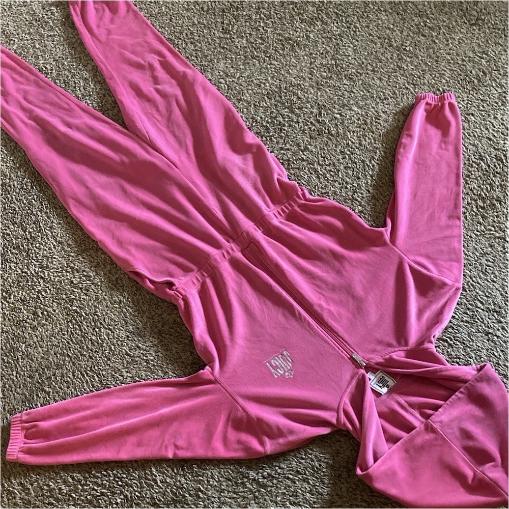 Juicy Couture Pink Velour Hooded Jumpsuit Logo Zip Long Sleeve Size L