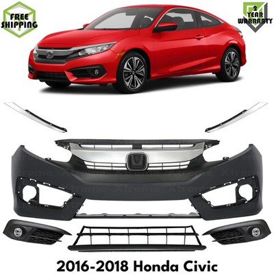 Front Bumper Cover Paintable & Grille Assembly Kit For 2016-2018 Honda Civic