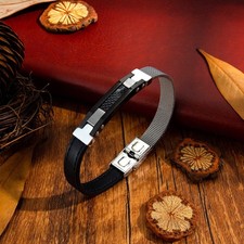 Armband Herren Damen 23cm Schwarz Silber Edelstahl Geschenk Schmuck Stahl Leder