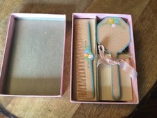 Vintage Baby or Doll Brush Comb Set in Original Box Pink with Flowers Antique