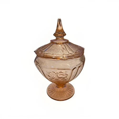 Hocking Glass MAYFAIR "Open Rose" Pink Footed Candy Dish with Lid