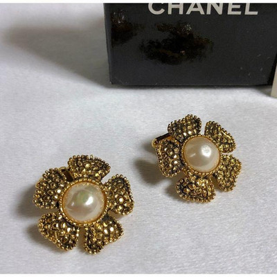 CHANEL Cufflinks Camellia x Pearl Gold  Flower Button Vintage Men Women Used